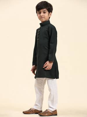 Dark Green Stripes Cotton Jacquard Kurta Pajama Set for Boys\\Traditional Wear 4