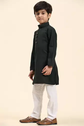 Dark Green Stripes Cotton Jacquard Kurta Pajama Set for Boys\\Traditional Wear