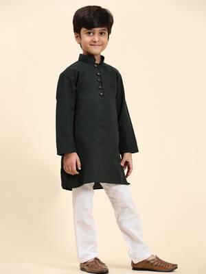 Dark Green Stripes Cotton Jacquard Kurta Pajama Set for Boys\\Traditional Wear 5