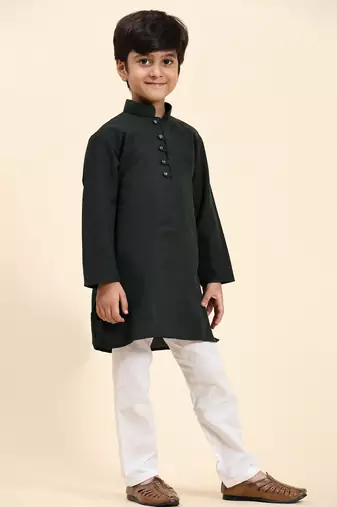 Dark Green Stripes Cotton Jacquard Kurta Pajama Set for Boys\\Traditional Wear