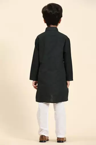 Dark Green Stripes Cotton Jacquard Kurta Pajama Set for Boys\\Traditional Wear
