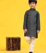 Green Stripes Cotton Jacquard Kurta Pajama Set for Boys\\Traditional Wear