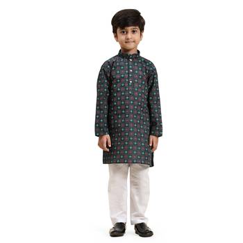 Green Stripes Cotton Jacquard Kurta Pajama Set for Boys\\Traditional Wear 2
