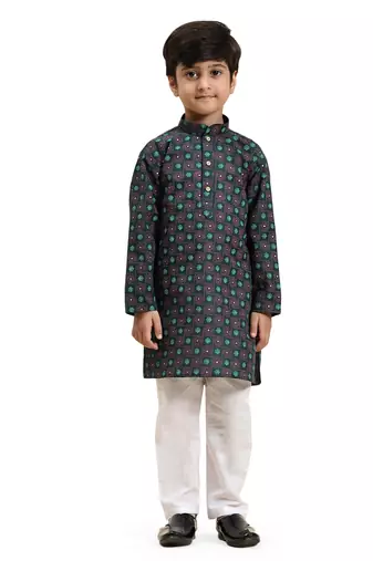 Green Stripes Cotton Jacquard Kurta Pajama Set for Boys\\Traditional Wear