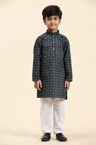 Green Stripes Cotton Jacquard Kurta Pajama Set for Boys\\Traditional Wear