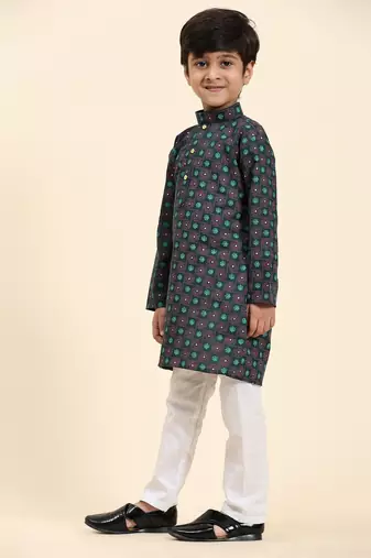 Green Stripes Cotton Jacquard Kurta Pajama Set for Boys\\Traditional Wear