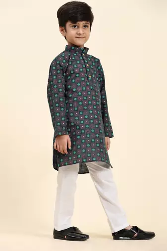 Green Stripes Cotton Jacquard Kurta Pajama Set for Boys\\Traditional Wear