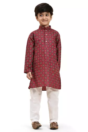 Maroon Stripes Cotton Jacquard Kurta Pajama Set for Boys\\Traditional Wear