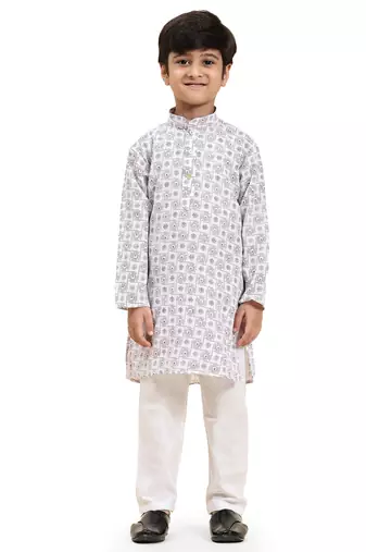 White Stripes Cotton Jacquard Kurta Pajama Set for Boys\\Traditional Wear