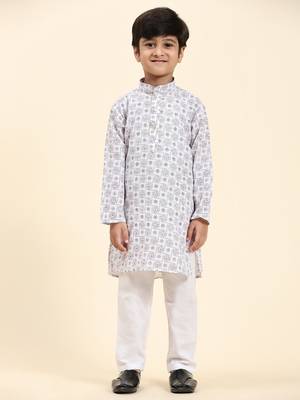 White Stripes Cotton Jacquard Kurta Pajama Set for Boys\\Traditional Wear 4
