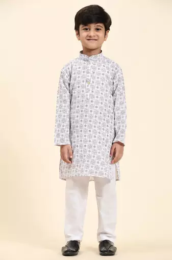 White Stripes Cotton Jacquard Kurta Pajama Set for Boys\\Traditional Wear