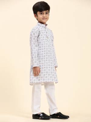 White Stripes Cotton Jacquard Kurta Pajama Set for Boys\\Traditional Wear 6