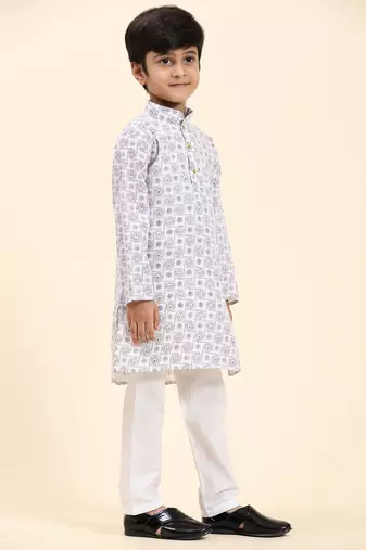 White Stripes Cotton Jacquard Kurta Pajama Set for Boys\\Traditional Wear