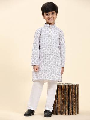 White Stripes Cotton Jacquard Kurta Pajama Set for Boys\\Traditional Wear 7