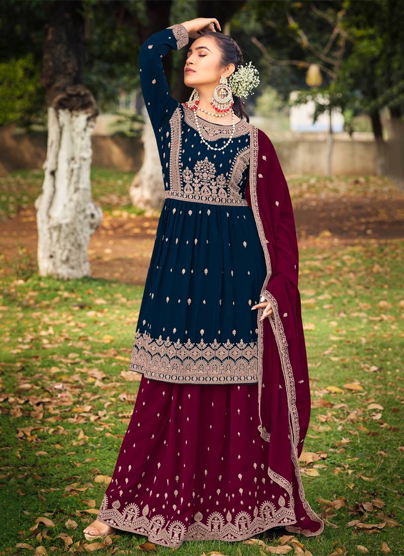 Navy Blue Contrast Palazzo Suit For Women