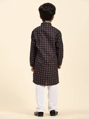 Black Stripes Cotton Jacquard Kurta Pajama Set for Boys\\Traditional Wear 1