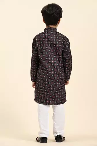 Black Stripes Cotton Jacquard Kurta Pajama Set for Boys\\Traditional Wear