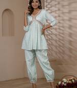 Dolane women's sky blue color muslin embroidery and mirror work aliya cut co-ord set (doln-aliya-02-skyblue)