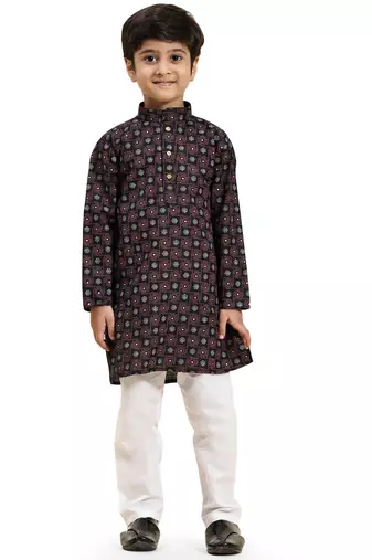 Black Stripes Cotton Jacquard Kurta Pajama Set for Boys\\Traditional Wear