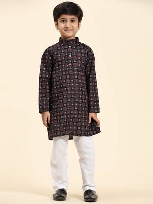Black Stripes Cotton Jacquard Kurta Pajama Set for Boys\\Traditional Wear 4