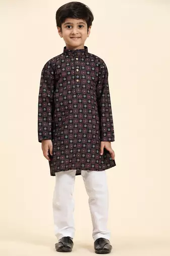 Black Stripes Cotton Jacquard Kurta Pajama Set for Boys\\Traditional Wear