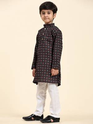 Black Stripes Cotton Jacquard Kurta Pajama Set for Boys\\Traditional Wear 5