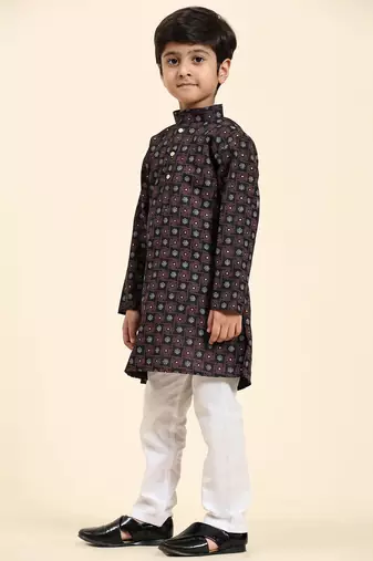 Black Stripes Cotton Jacquard Kurta Pajama Set for Boys\\Traditional Wear