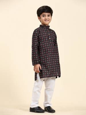 Black Stripes Cotton Jacquard Kurta Pajama Set for Boys\\Traditional Wear 6