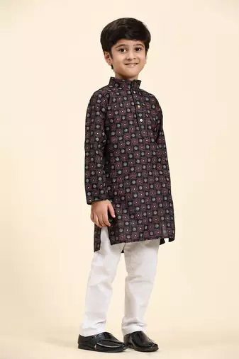 Black Stripes Cotton Jacquard Kurta Pajama Set for Boys\\Traditional Wear
