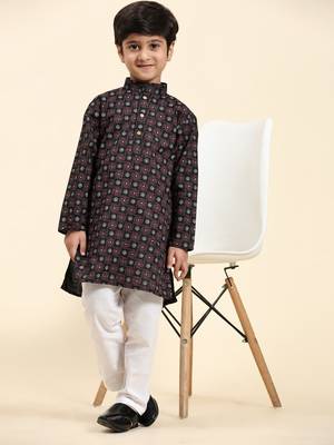 Black Stripes Cotton Jacquard Kurta Pajama Set for Boys\\Traditional Wear 7