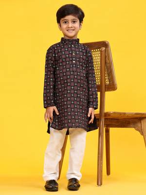 Black Stripes Cotton Jacquard Kurta Pajama Set for Boys\\Traditional Wear 8