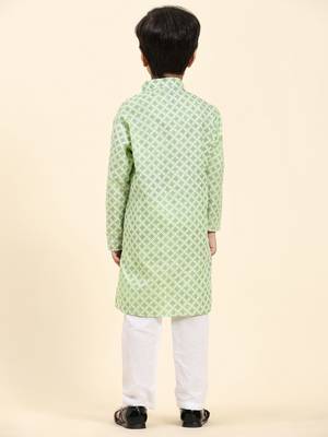 Green Floral Cotton Jacquard Kurta Pajama Set for Boys Ethnic Wear 2