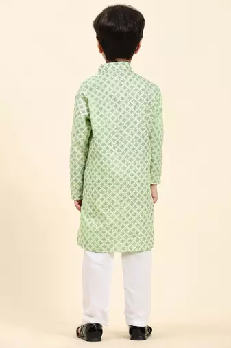 Green Floral Cotton Jacquard Kurta Pajama Set for Boys Ethnic Wear