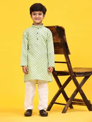 Green Floral Cotton Jacquard Kurta Pajama Set for Boys Ethnic Wear 3