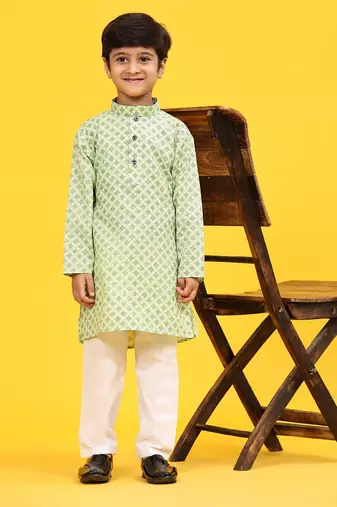 Green Floral Cotton Jacquard Kurta Pajama Set for Boys Ethnic Wear