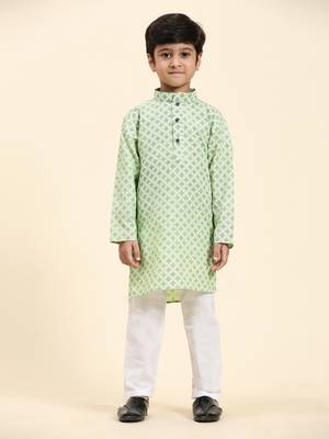 Green Floral Cotton Jacquard Kurta Pajama Set for Boys Ethnic Wear 4