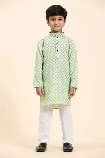 Green Floral Cotton Jacquard Kurta Pajama Set for Boys Ethnic Wear