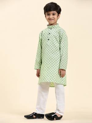 Green Floral Cotton Jacquard Kurta Pajama Set for Boys Ethnic Wear 1