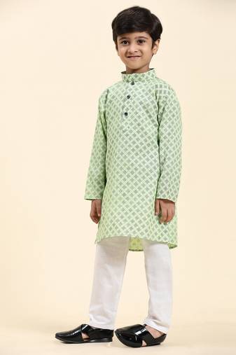 Green Floral Cotton Jacquard Kurta Pajama Set for Boys Ethnic Wear