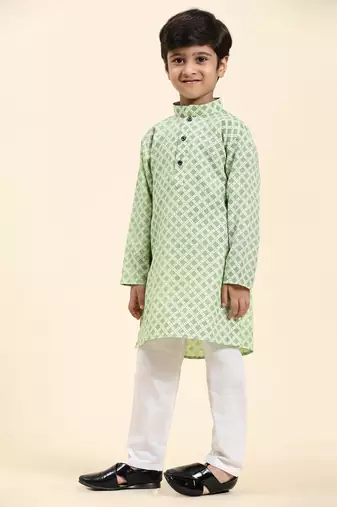 Green Floral Cotton Jacquard Kurta Pajama Set for Boys Ethnic Wear