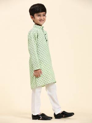 Green Floral Cotton Jacquard Kurta Pajama Set for Boys Ethnic Wear 5