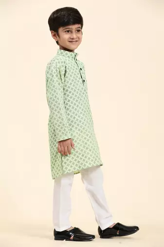 Green Floral Cotton Jacquard Kurta Pajama Set for Boys Ethnic Wear