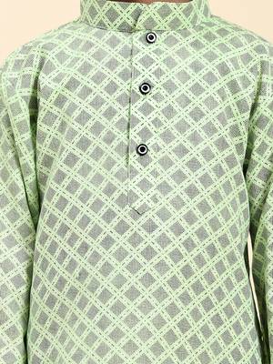 Green Floral Cotton Jacquard Kurta Pajama Set for Boys Ethnic Wear 6