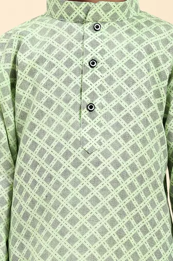 Green Floral Cotton Jacquard Kurta Pajama Set for Boys Ethnic Wear