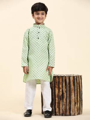 Green Floral Cotton Jacquard Kurta Pajama Set for Boys Ethnic Wear 7