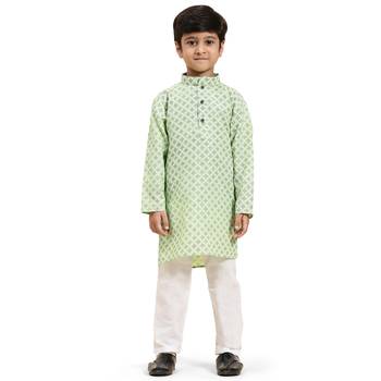 Green Floral Cotton Jacquard Kurta Pajama Set for Boys Ethnic Wear 8