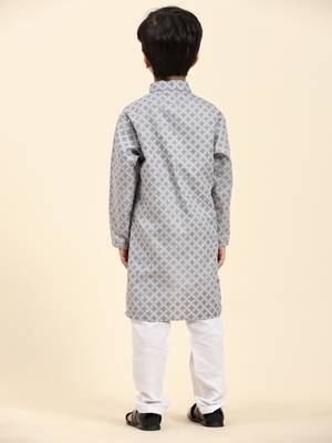 Blue Floral Cotton Jacquard Kurta Pajama Set for Boys Ethnic Wear 2