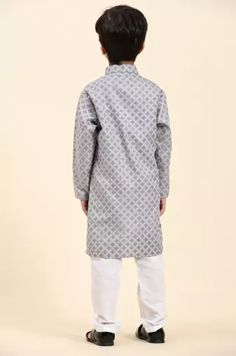 Blue Floral Cotton Jacquard Kurta Pajama Set for Boys Ethnic Wear