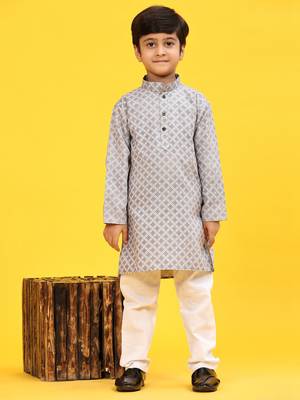 Blue Floral Cotton Jacquard Kurta Pajama Set for Boys Ethnic Wear 3