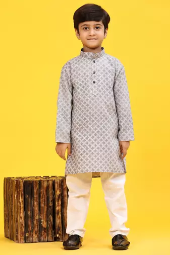 Blue Floral Cotton Jacquard Kurta Pajama Set for Boys Ethnic Wear